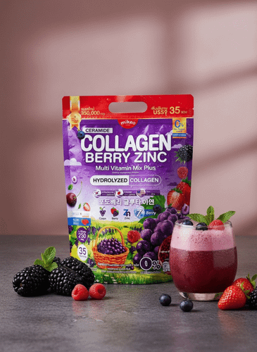 پودر نوشیدنی سفید کننده و جوانساز گلوتاتیون و کلاژن بری زینک | Collagen Berry Zinc mikeo اورجینال و ۳۵ ساشه ای