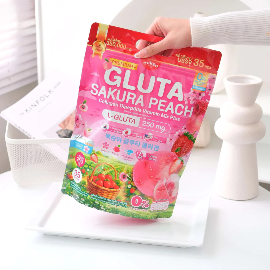 نوشیدنی سفید کننده و جوانساز  GLUTA SAKURA PEACH collagen Dipeptide vitamin Mix  plus برند mikeo اصل و ۳۵ساشه ای